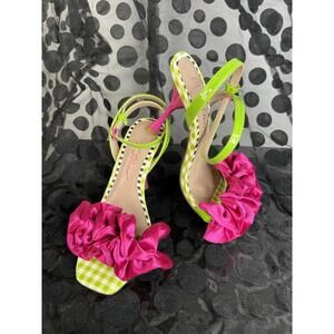 Betsy Johnson  Elmira Green/white gingham print, O/toe heeled sandals Women 6.5